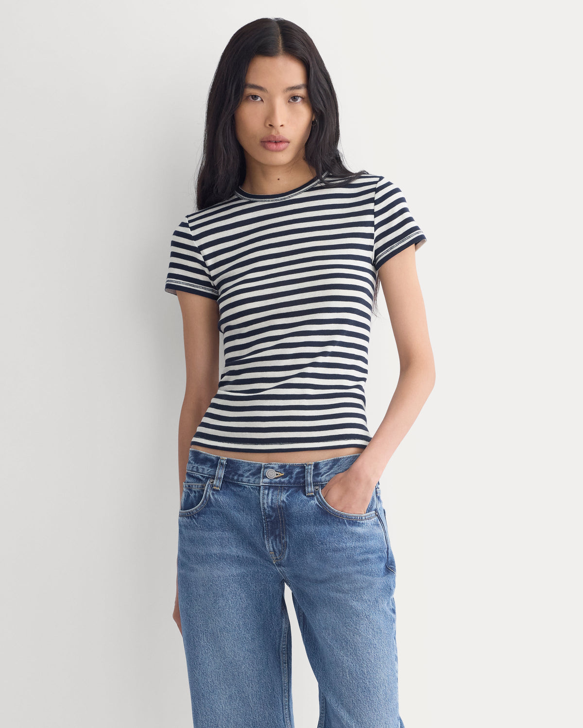Tissue Short-Sleeve Crew in Bone / Navy — detail view