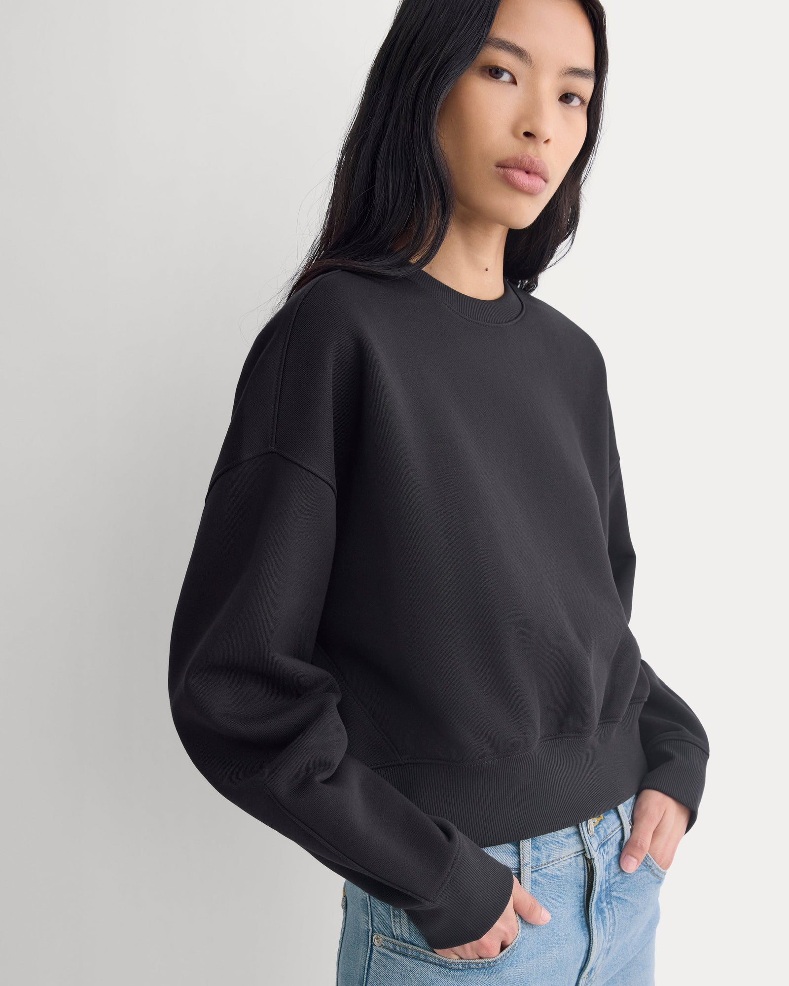 Luxe Fleece Shrunken Crew in Black — front view