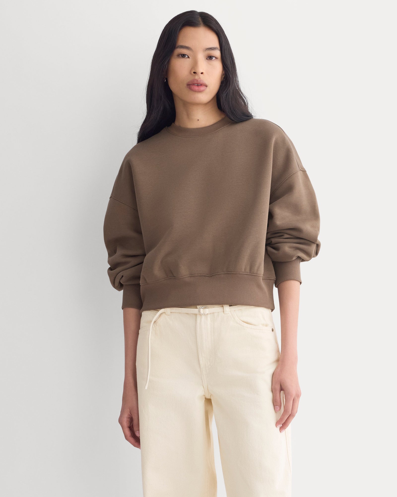 Luxe Fleece Shrunken Crew in Chocolate — detail view