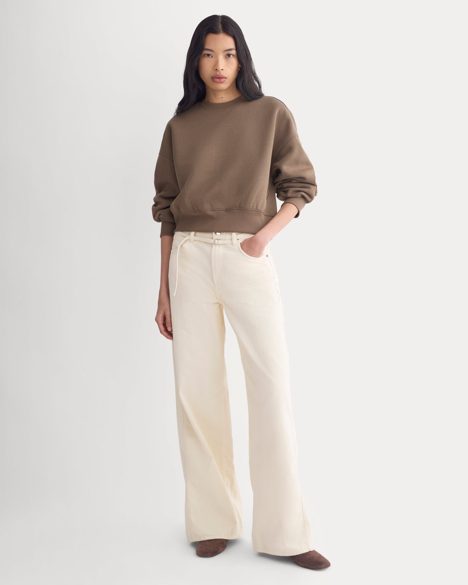 Luxe Fleece Shrunken Crew in Chocolate — detail view