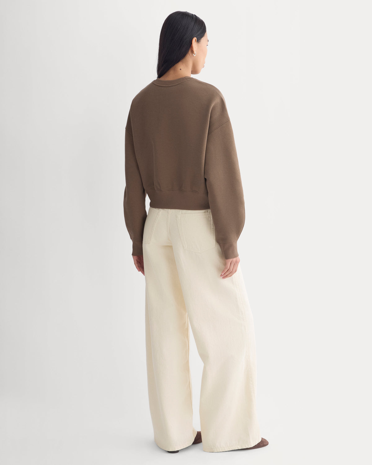 Luxe Fleece Shrunken Crew in Chocolate — detail view