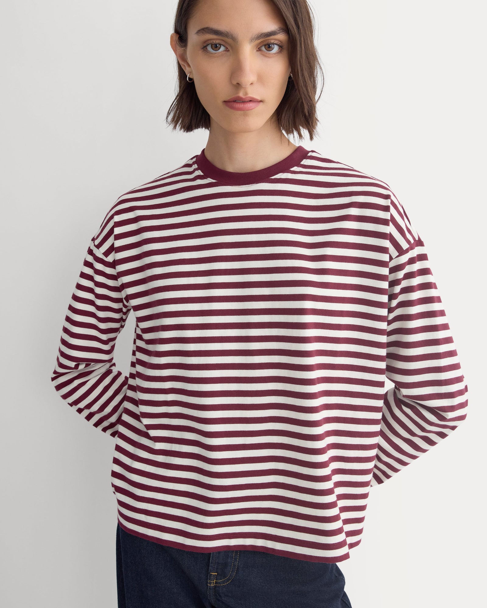 Forever Jersey Boxy Long-Sleeve Crew in Cabernet / Birch — front view