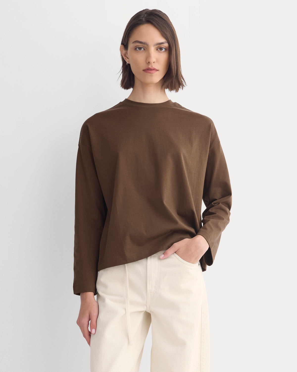 Forever Jersey Boxy Long-Sleeve Crew in Cocoa — detail view