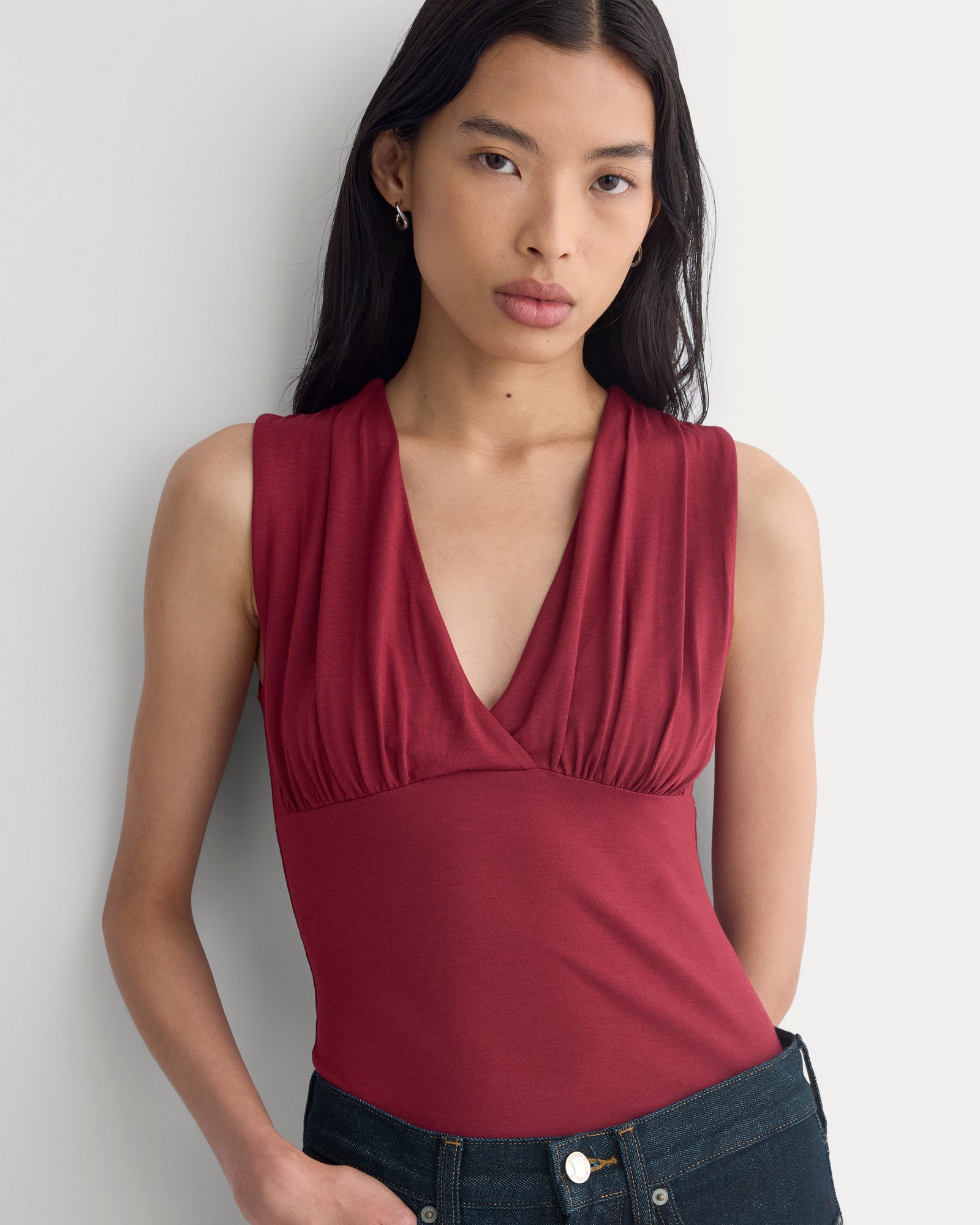 Drapey Jersey V-Neck Top in Cabernet — front view