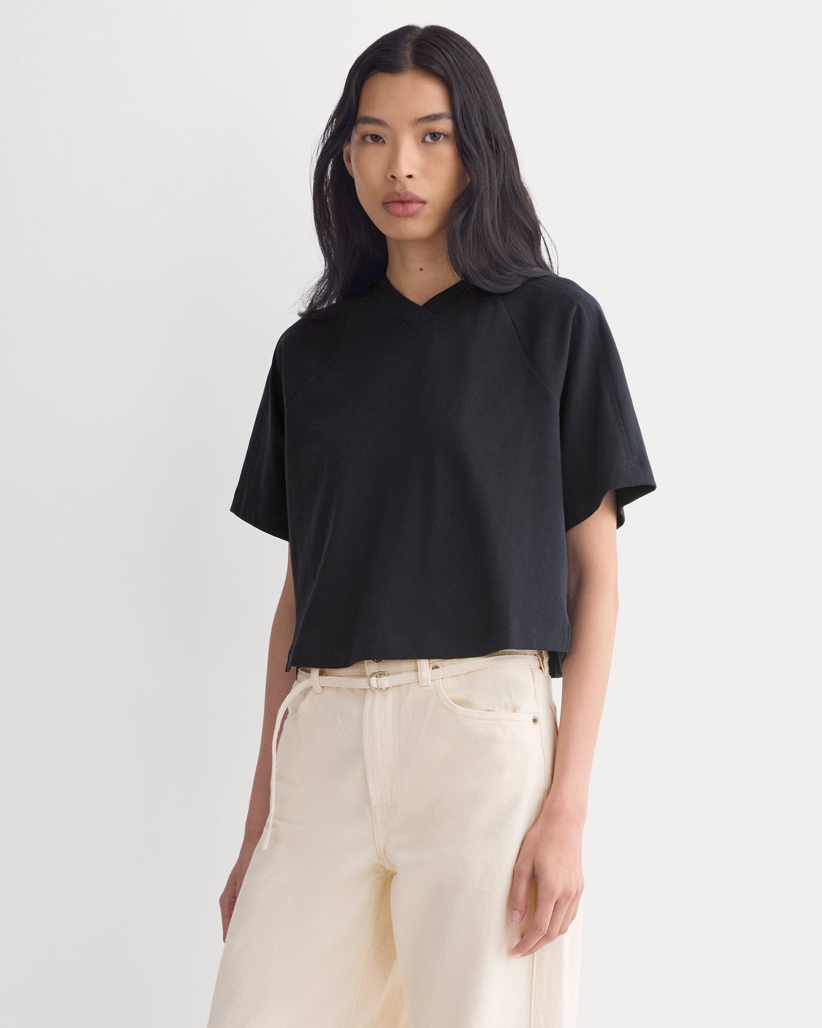 Premium Weight Cropped Paneled Tee in Black — front view