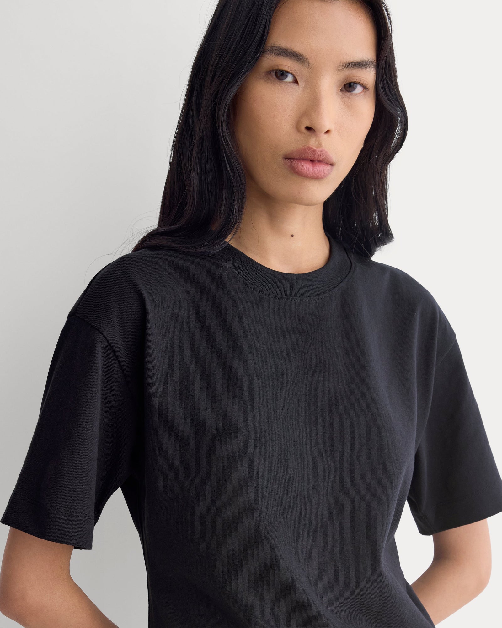 Premium Weight Back Slit Tee in Black — detail view