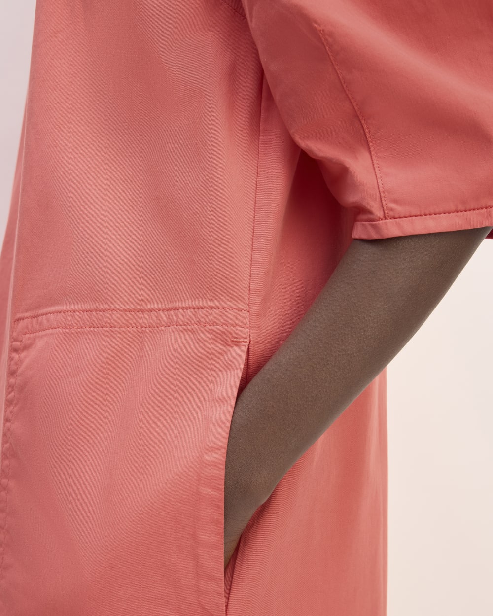 The Short-Sleeve Puff Midi Dress in Coral — detail view