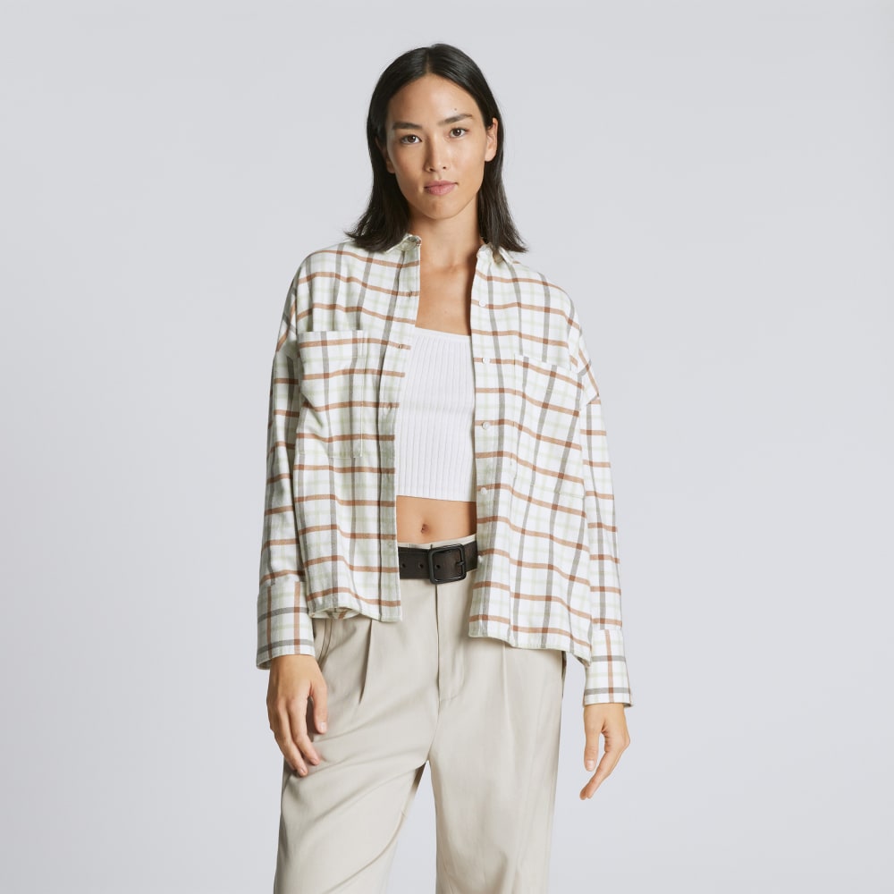The Boxy Flannel in Seafoam / Tobacco Brown Plaid — front view