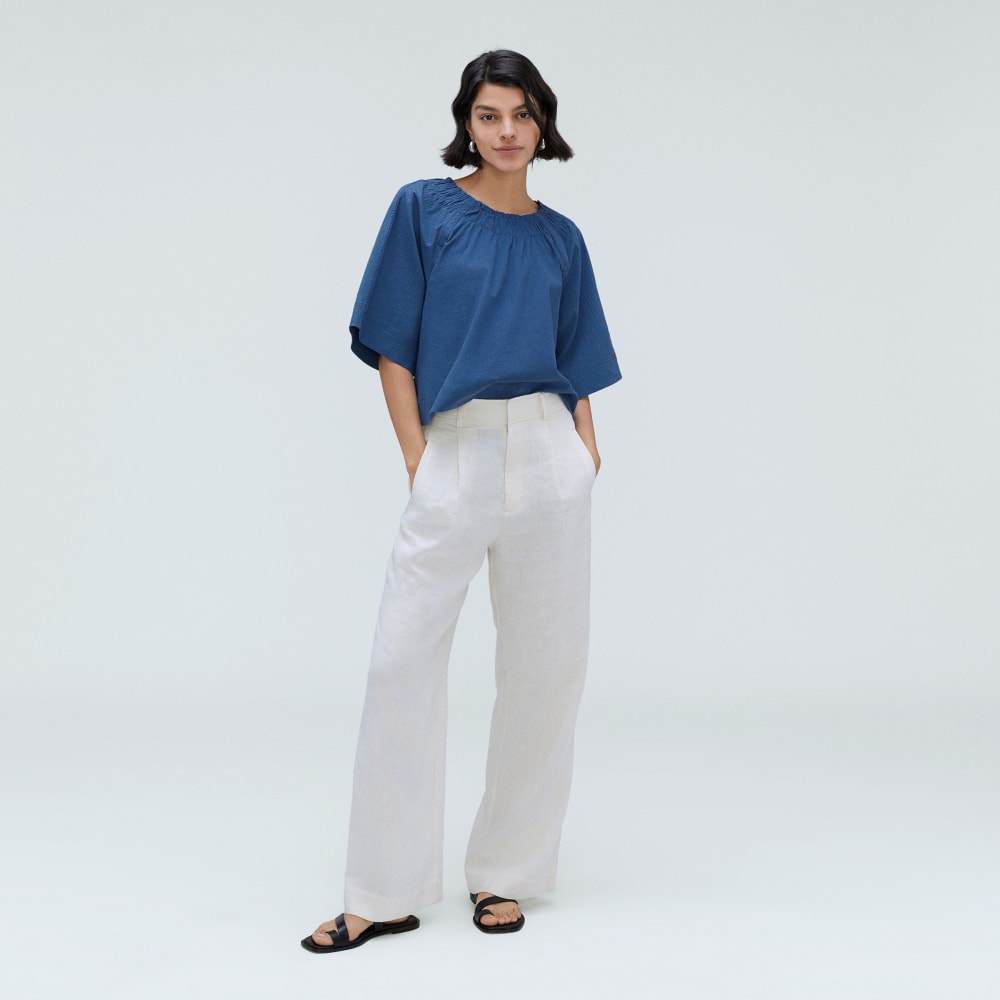 The Seersucker Gathered Tee in Deep Blue — detail view