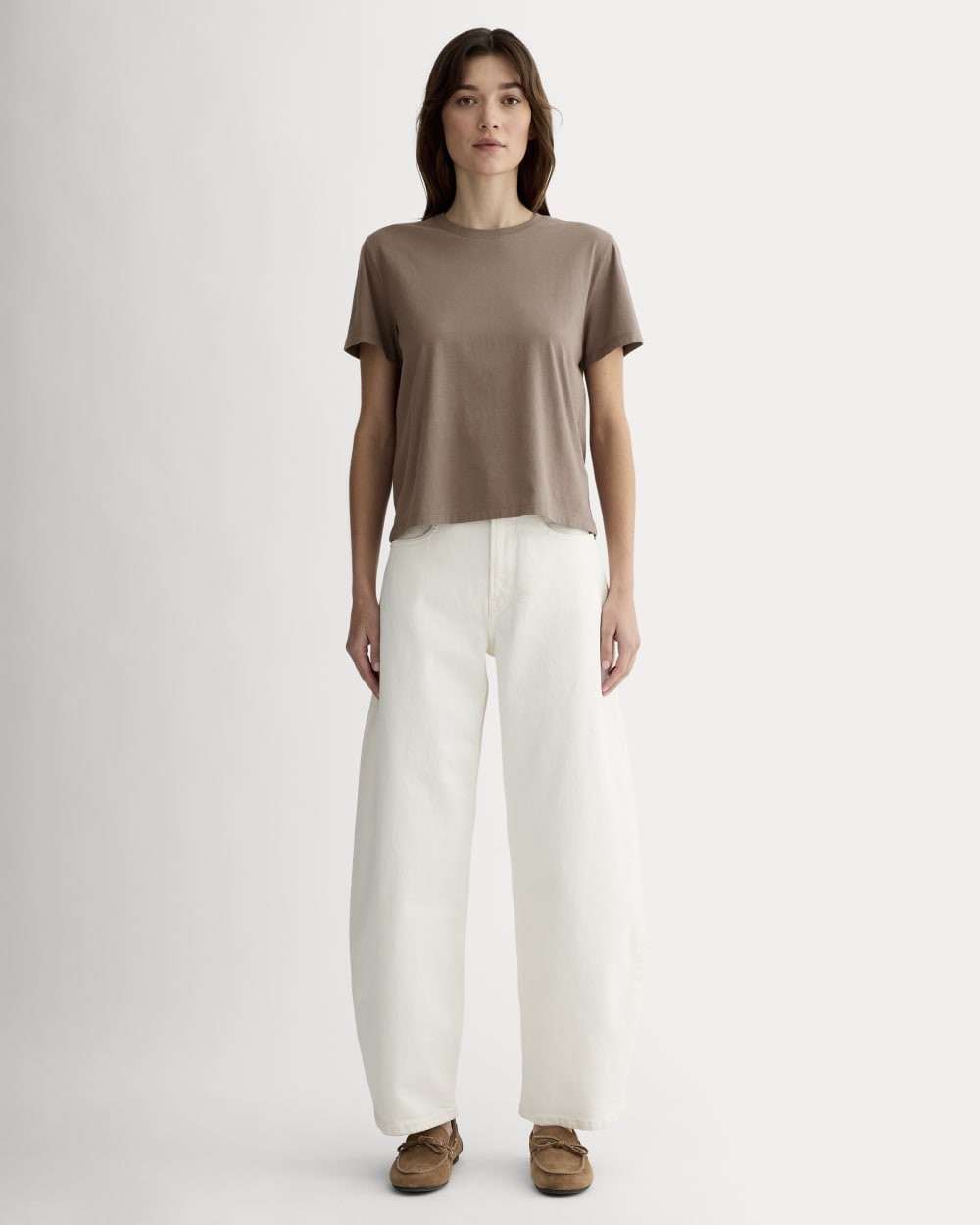 The Box-Cut Tee in Essential Cotton in Clay — detail view