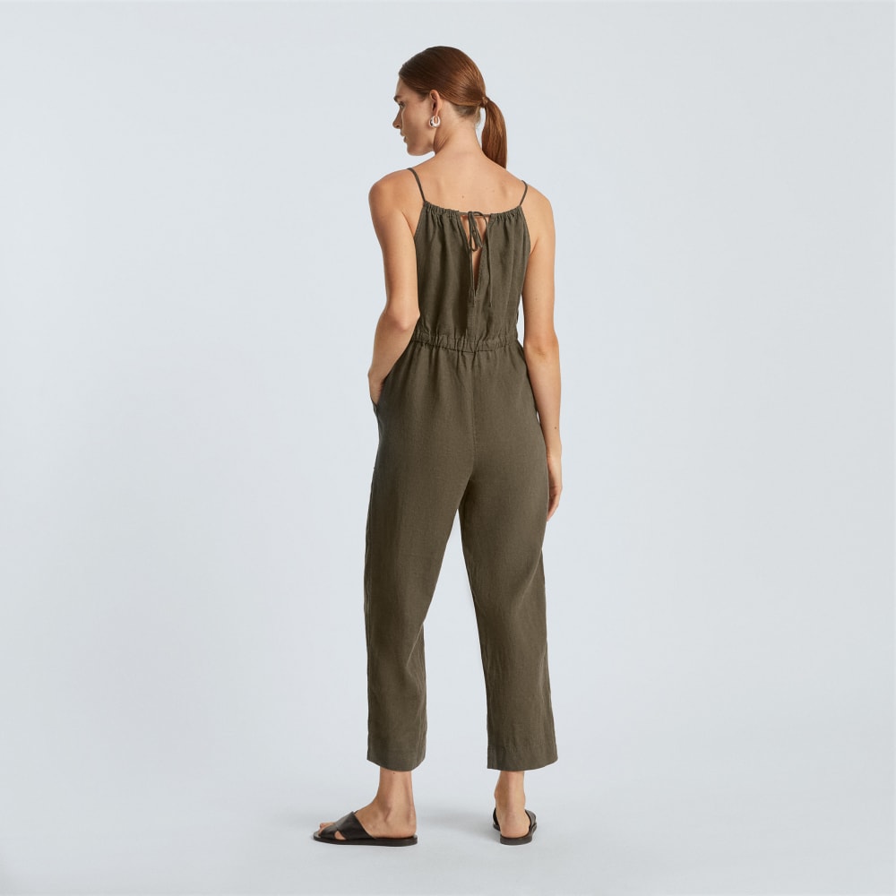 The Linen Shoestring Jumpsuit in Beech — detail view