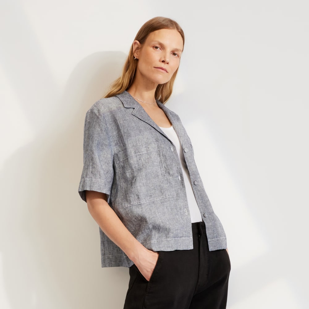 The Linen Workwear Shirt in Canvas Tan / Navy — front view