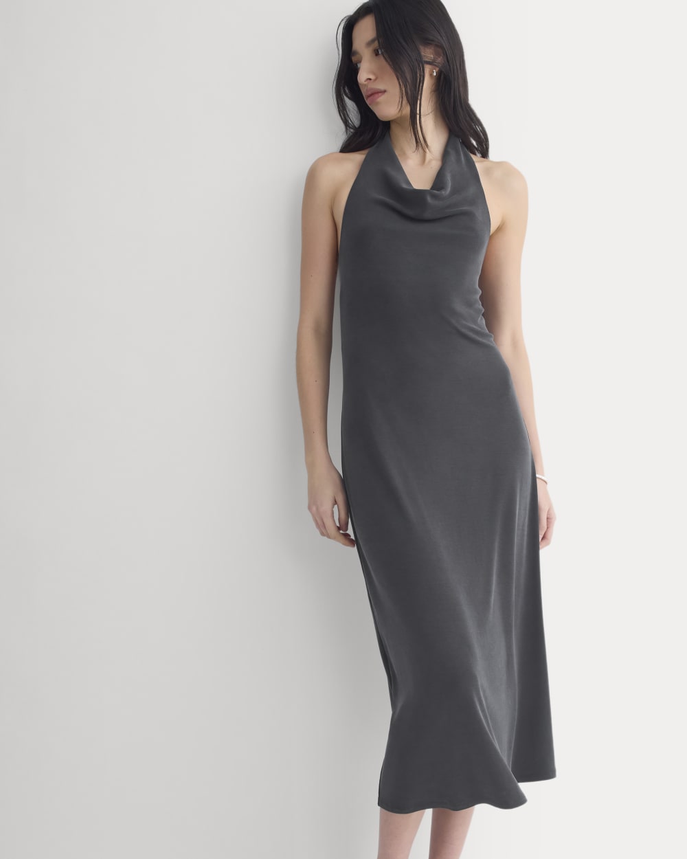 Cowlneck Halter Dress in Butterknit in Black — detail view