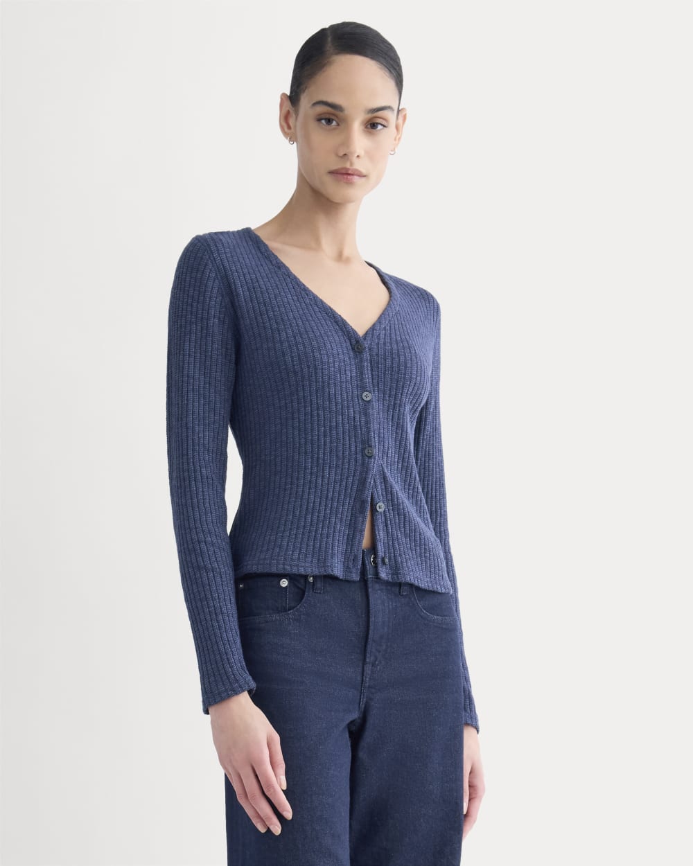The Cozy Rib Cardigan in Mood Indigo — front view