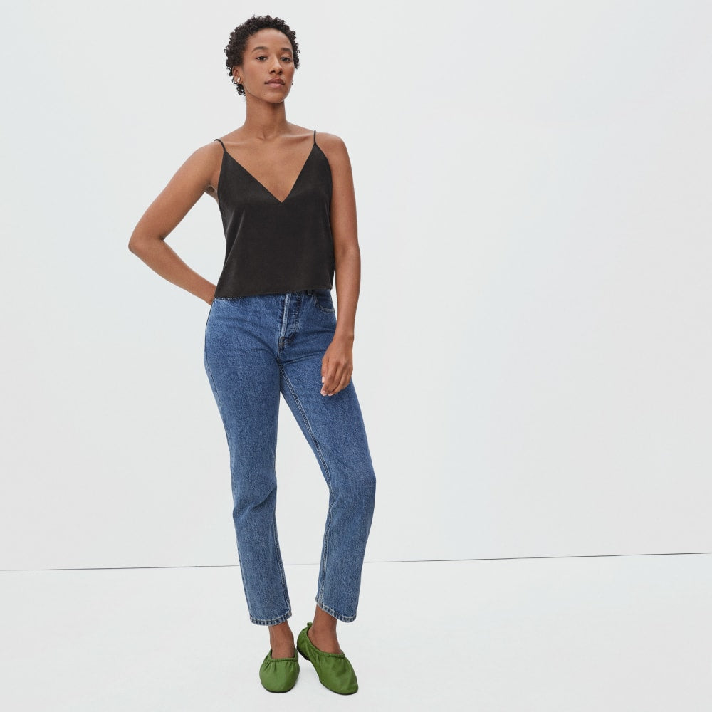 The Washable Silk Cropped Cami in Black — detail view