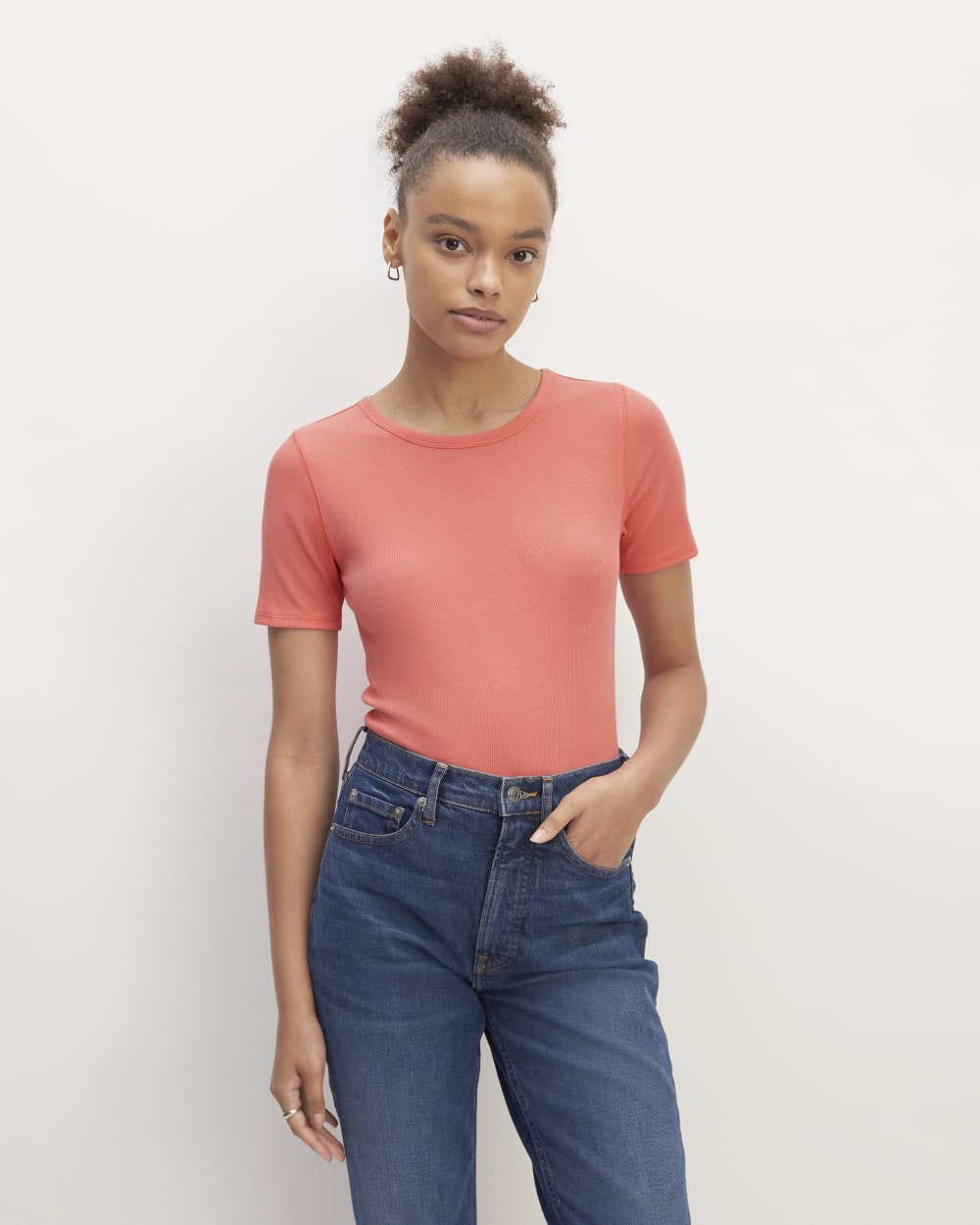 The Luxe Rib Crew in Coral — front view