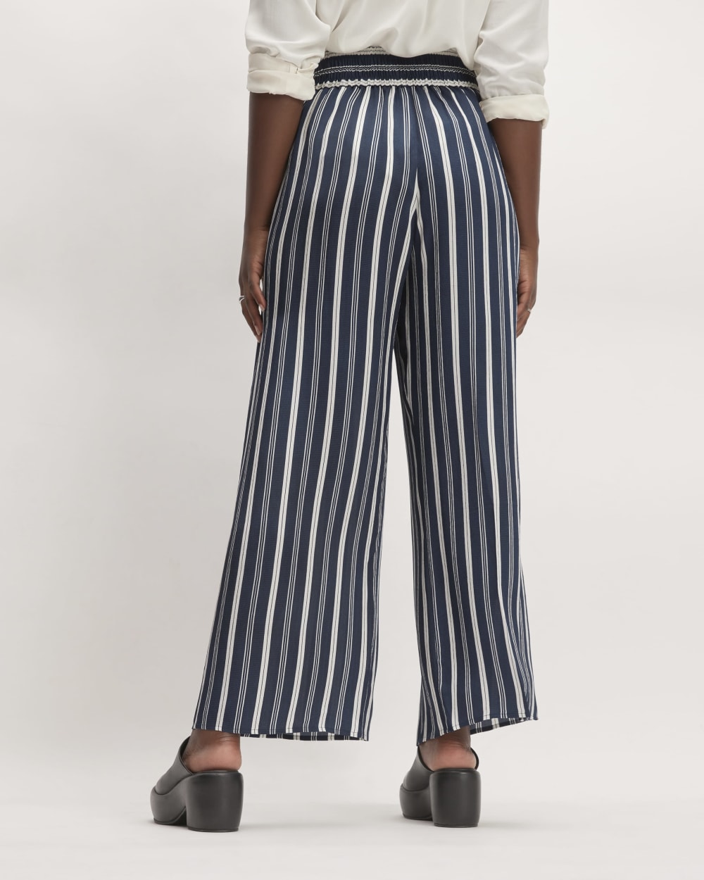 The Satin Pull-On Pant in Navy / Bone — detail view