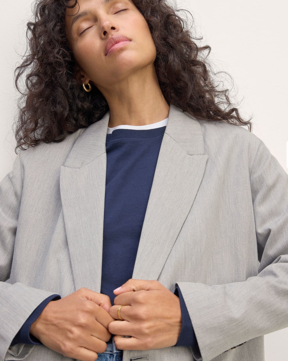 The Double-Breasted Blazer in Buttersmooth in Heather Steel — detail view