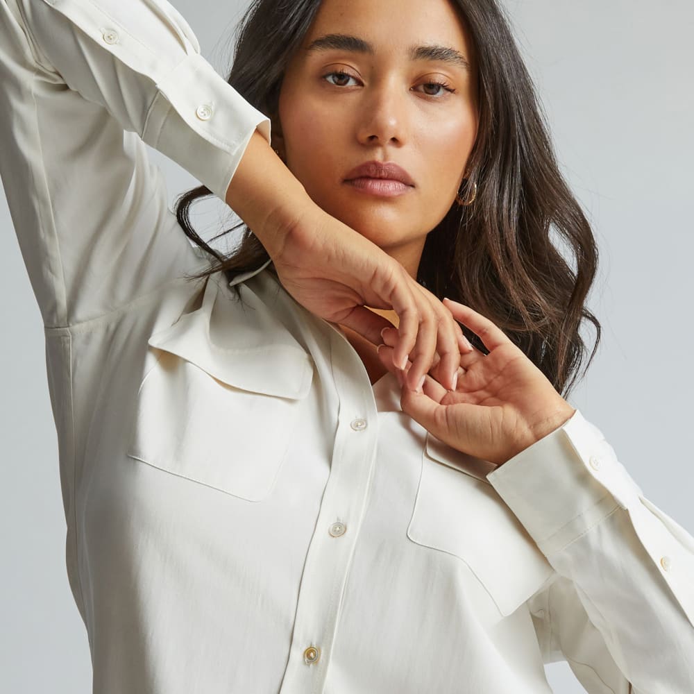 The Washable Silk Relaxed Shirt in Bone — detail view
