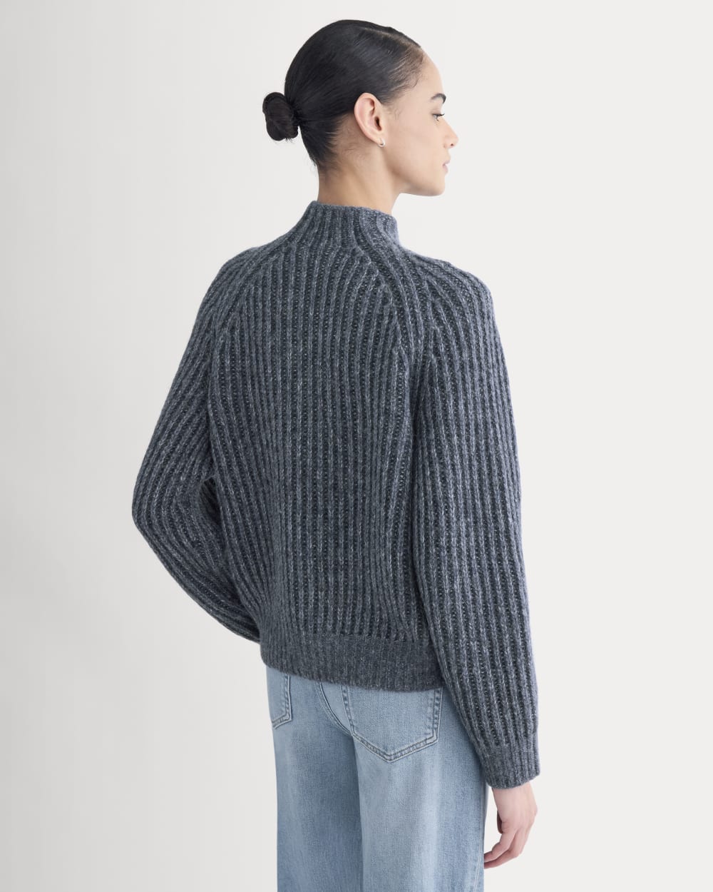 Funnel-Neck Ribbed Henley Sweater in Indigo — detail view