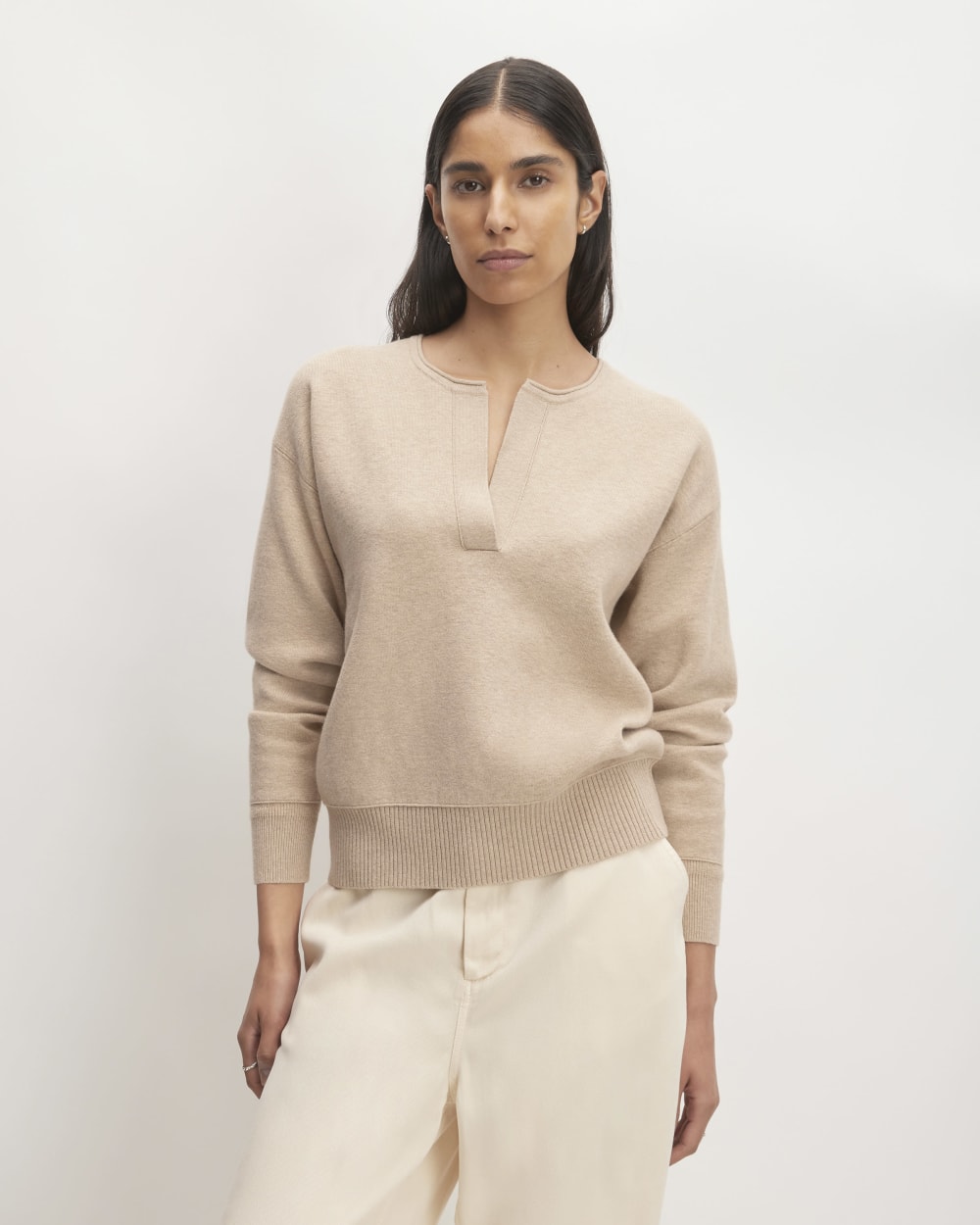 The Cotton-Merino Vintage Henley in Warm Oat Heather — front view
