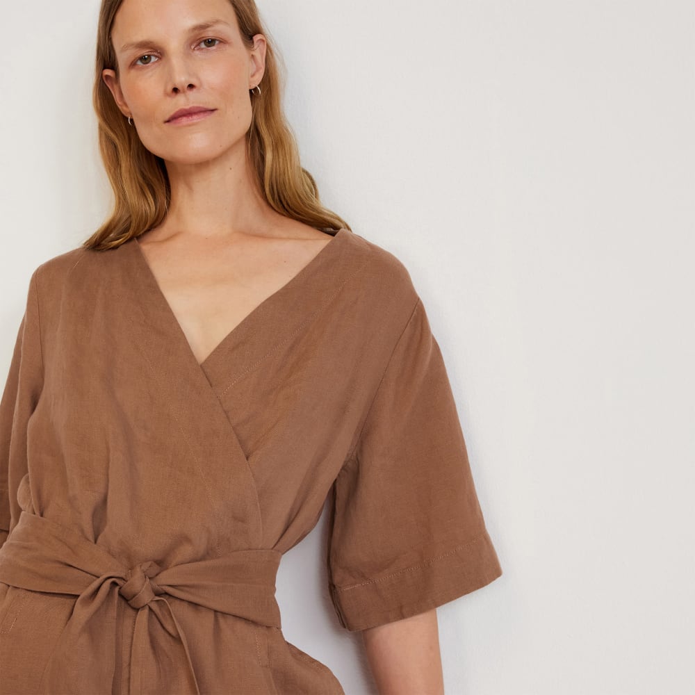 The Wrap Jumpsuit in Linen in Carob Brown — detail view