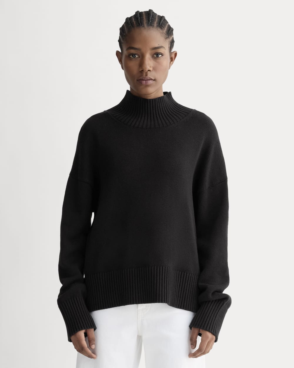 The Boxy Turtleneck in Everyday Cotton in Black — front view