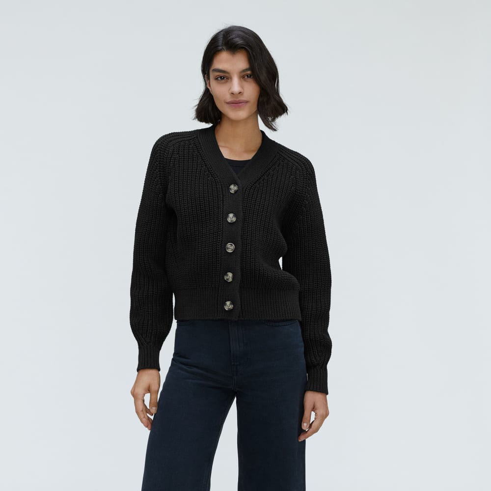 The Texture Cotton Cardigan in Black — front view