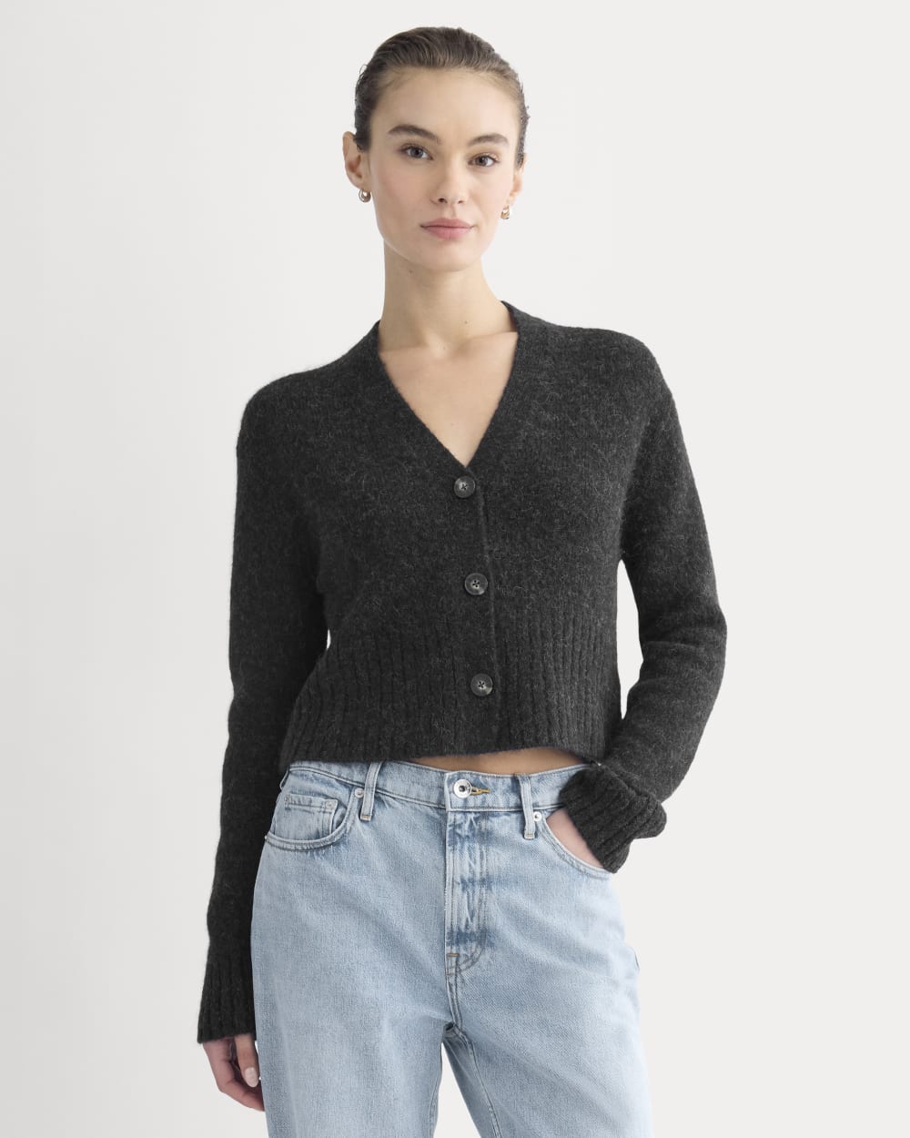 High V Cropped Cardigan in Alpaca in Heather Black — front view