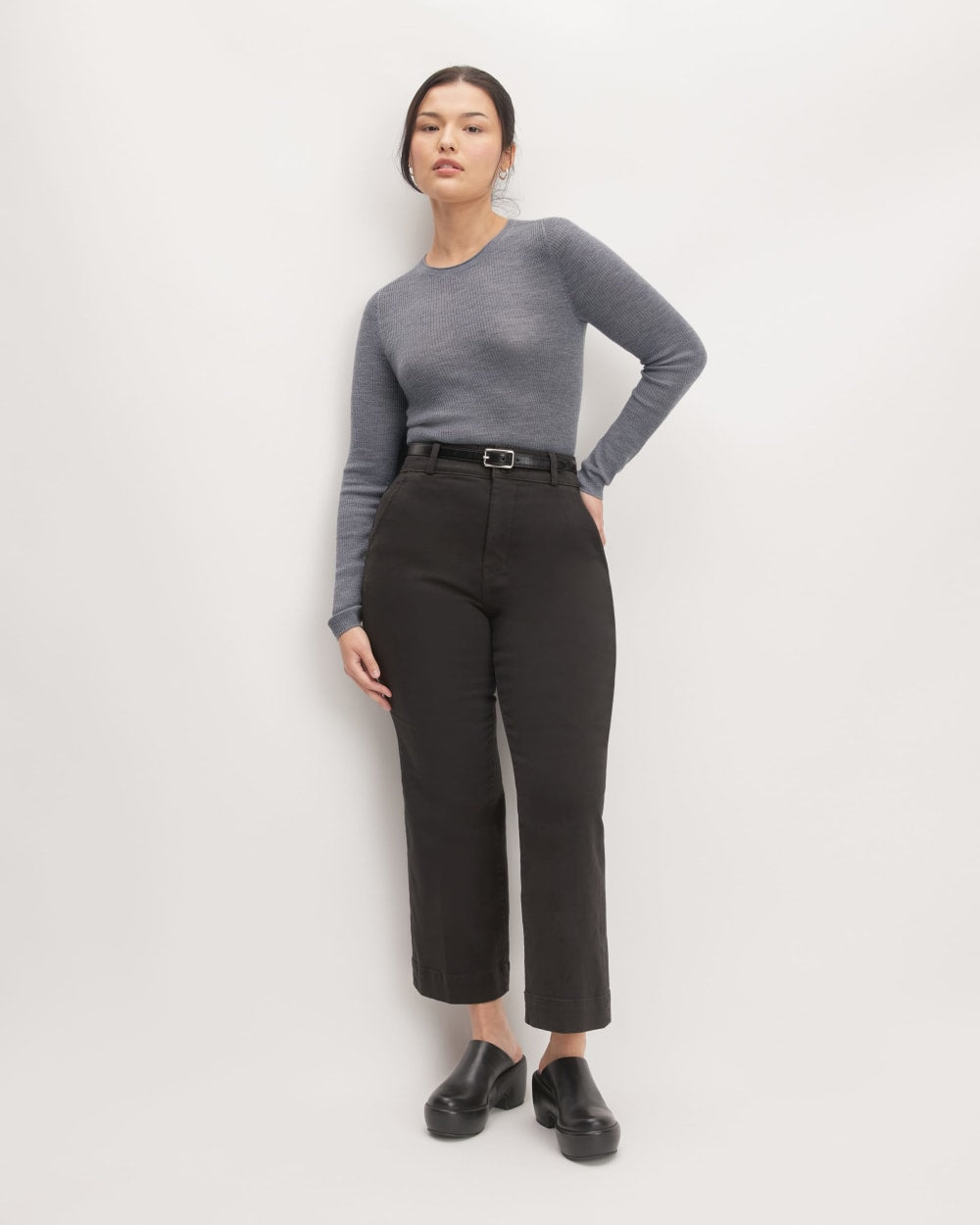 The Long-Sleeve Sweater Tee in Ultrasoft Merino in Heather Mid Grey — detail view