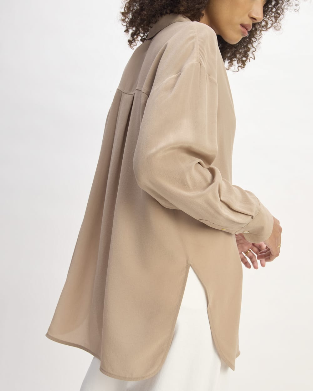 The Boyfriend Shirt in Washable Silk in Chanterelle — detail view