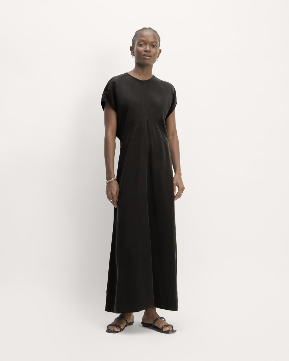 The TENCEL™ Short-Sleeve Midi Dress in Black — front view
