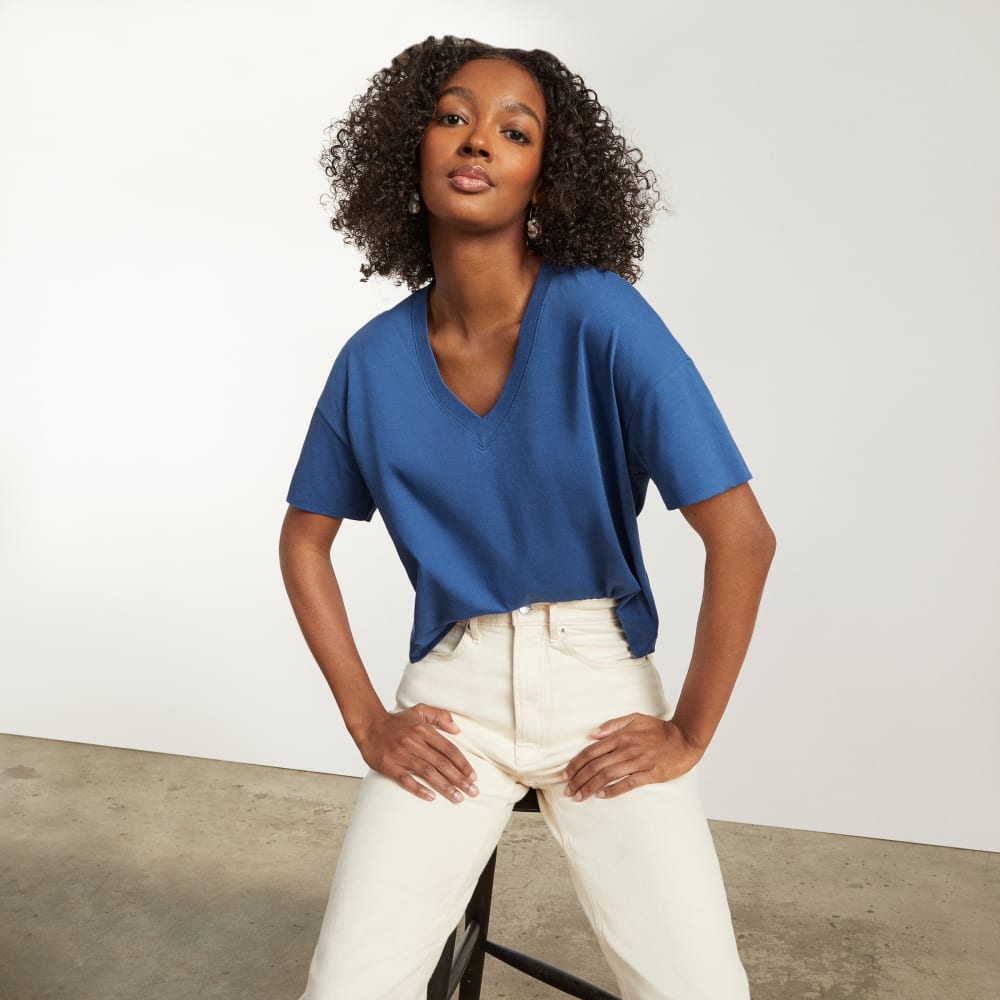 The Organic Cotton Slouchy V-Neck in Deep Blue — detail view