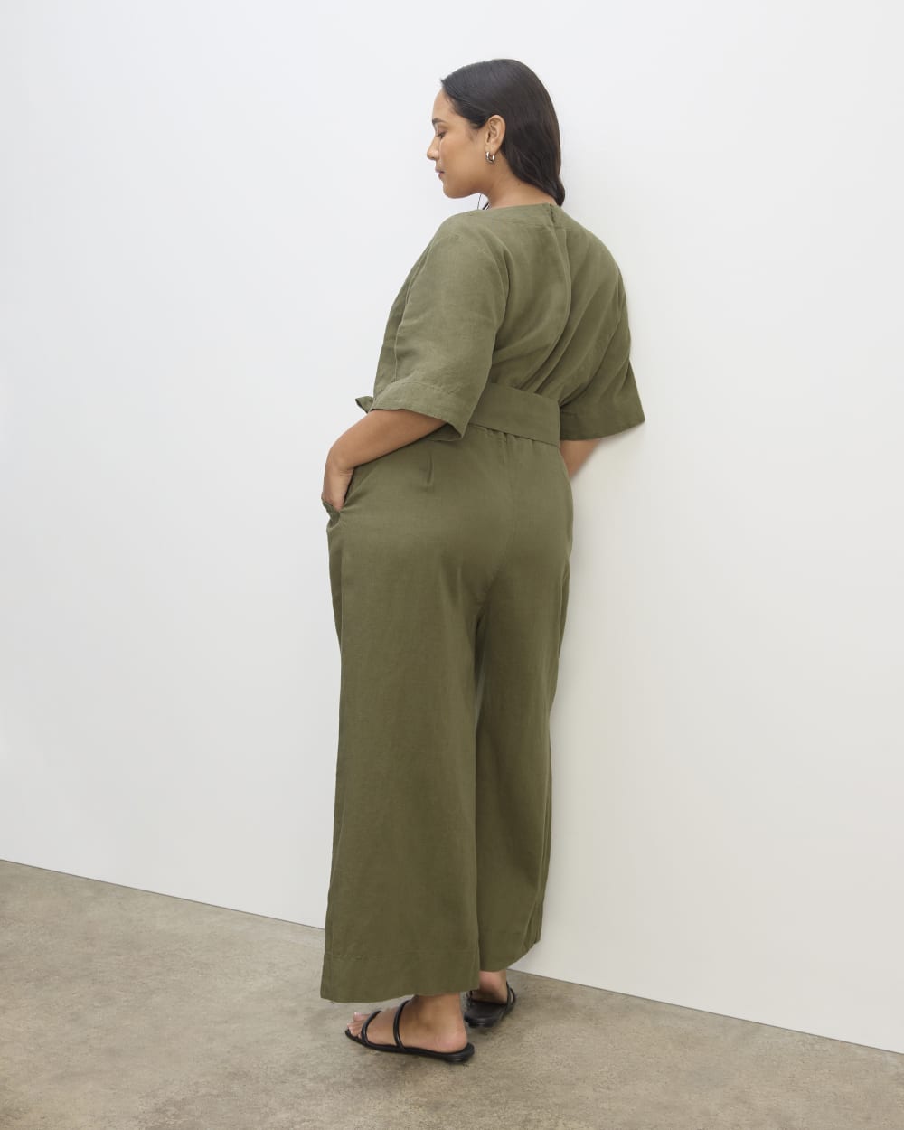 The Wrap Jumpsuit in Linen in Kalamata — detail view
