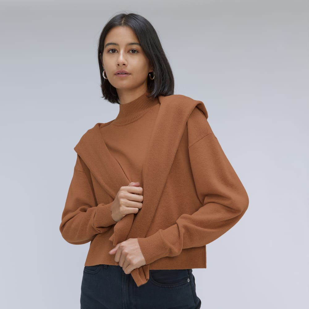 The Luxe Merino Turtleneck in Tawny Brown — detail view