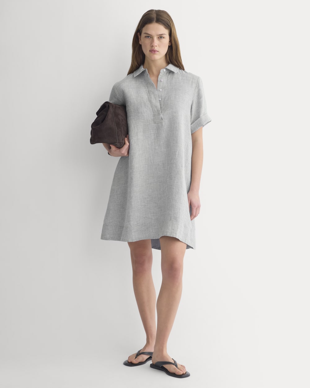 Mini Popover Shirtdress in Linen in Agave / Bone — front view
