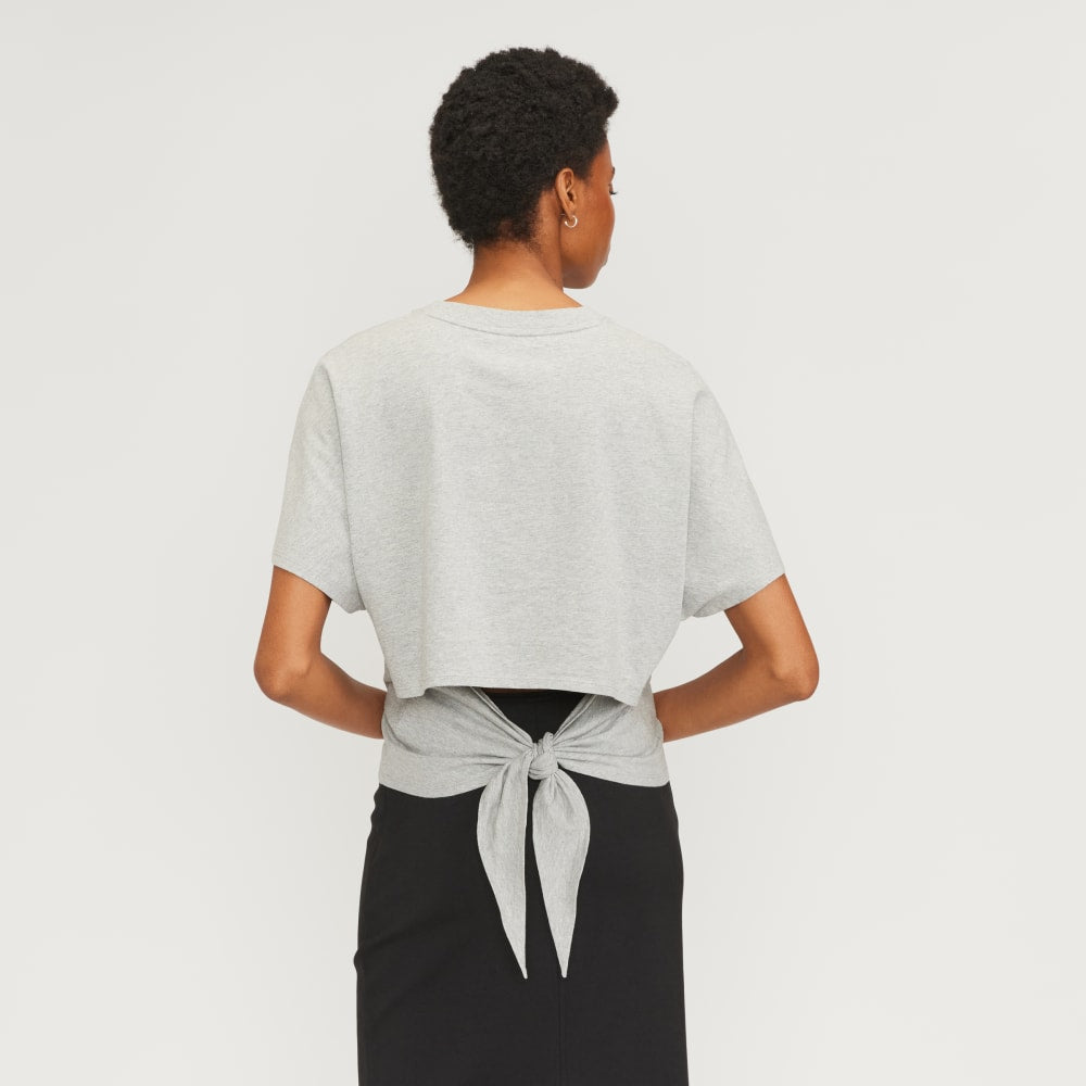 The Organic Cotton Tie Back Tee in Heather Grey — detail view