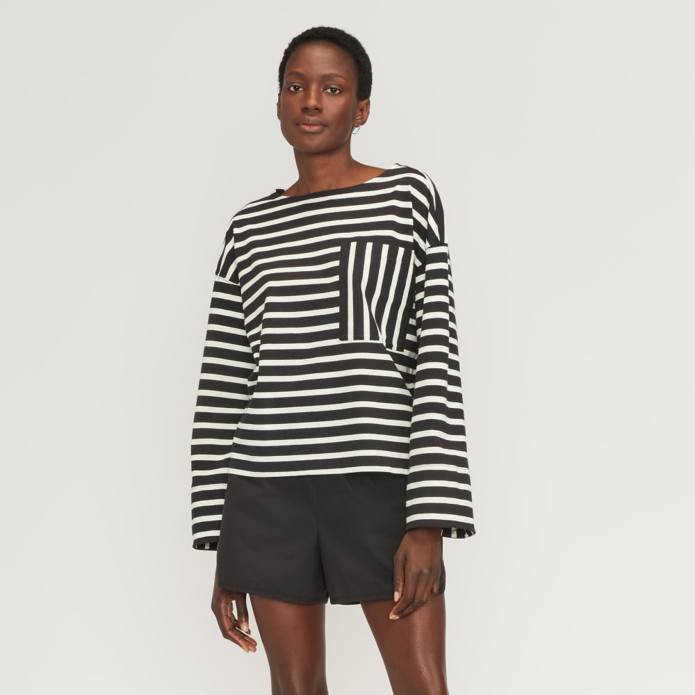 The Premium Weight Oversized Pocket Tee in Black / Canvas Tan — front view