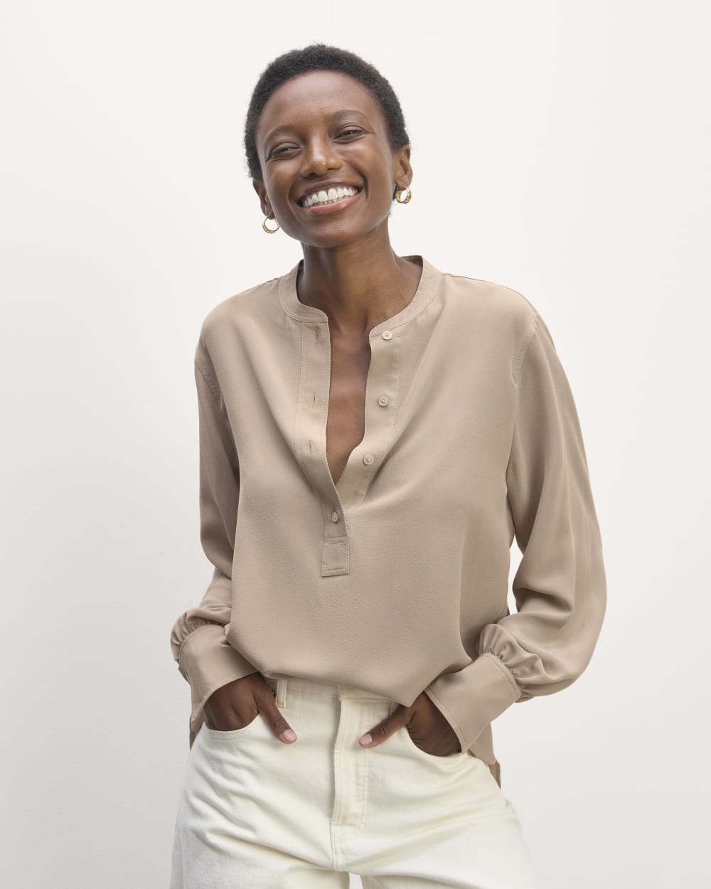 The Henley Shirt in Washable Silk in Burnt Sugar — front view