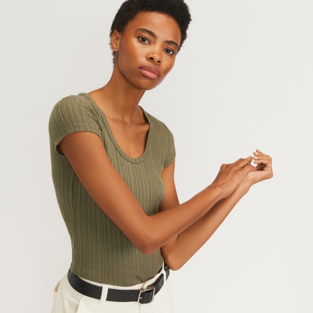 The Rib Soft Knit Scoop-Neck Tee in Kalamata — detail view