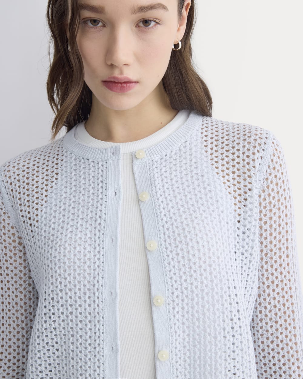 Lace-Knit Cardigan in Skywriting — detail view
