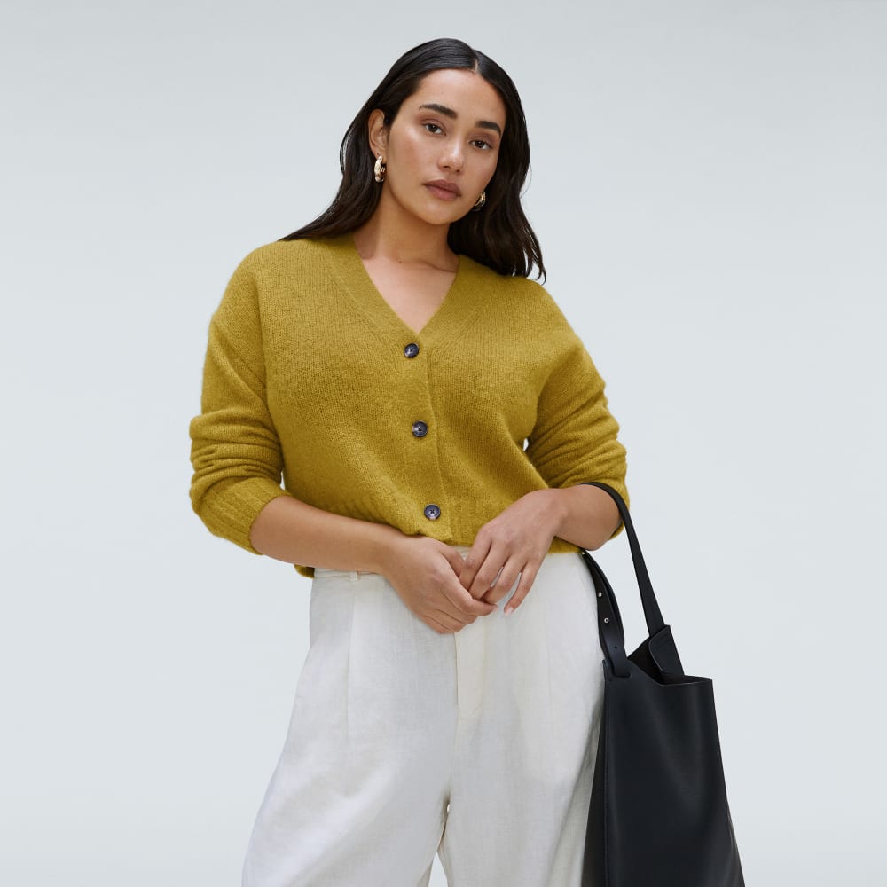 The Alpaca V-Neck Cropped Cardigan in Golden Palm — detail view
