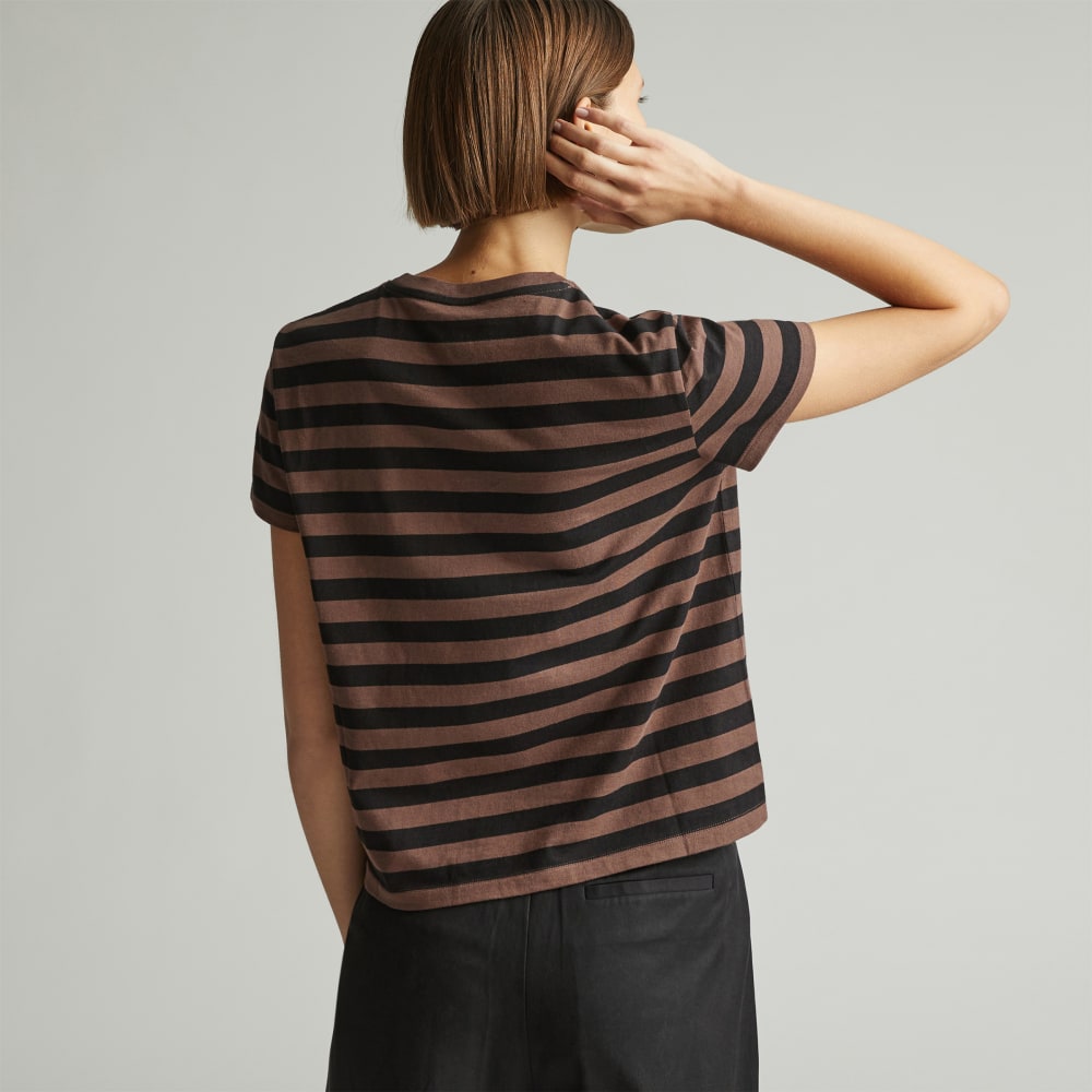 The Box-Cut Tee in Essential Cotton in Chocolate Brown / Black — detail view