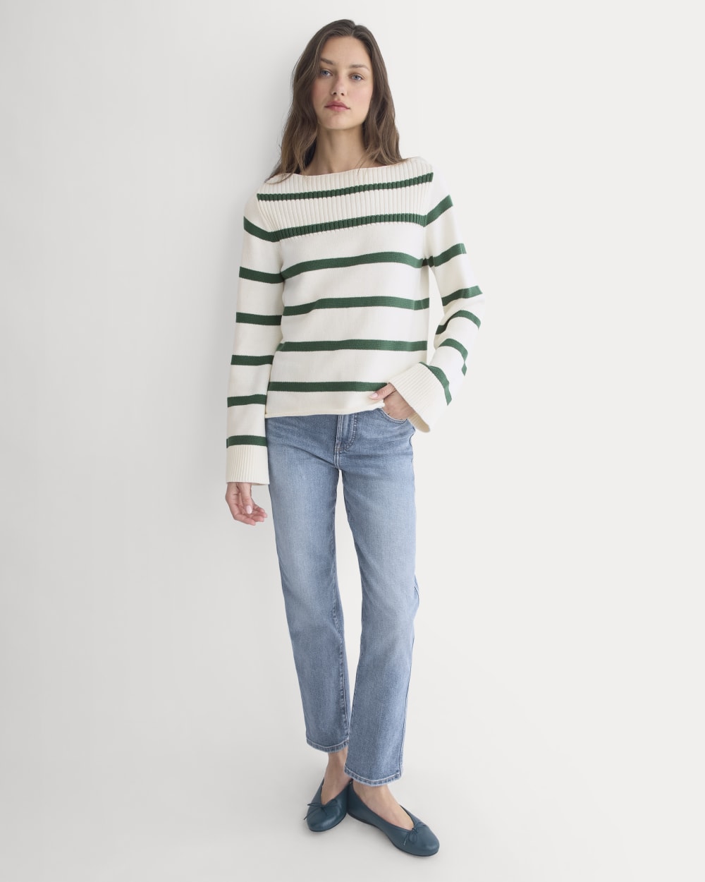Striped Boatneck Sweater in Everyday Cotton in Hunter Green/Bone — detail view