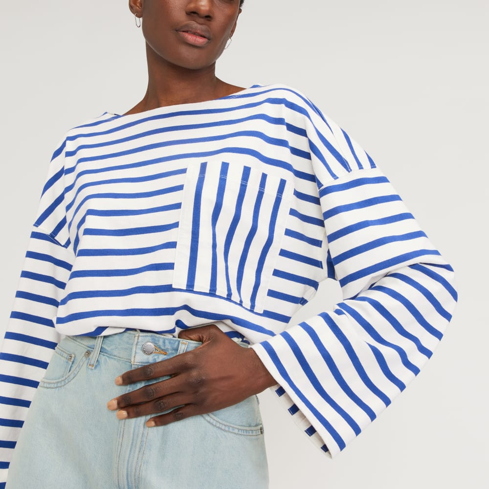 The Premium Weight Oversized Pocket Tee in Canvas Tan / Mazarine Blue — detail view