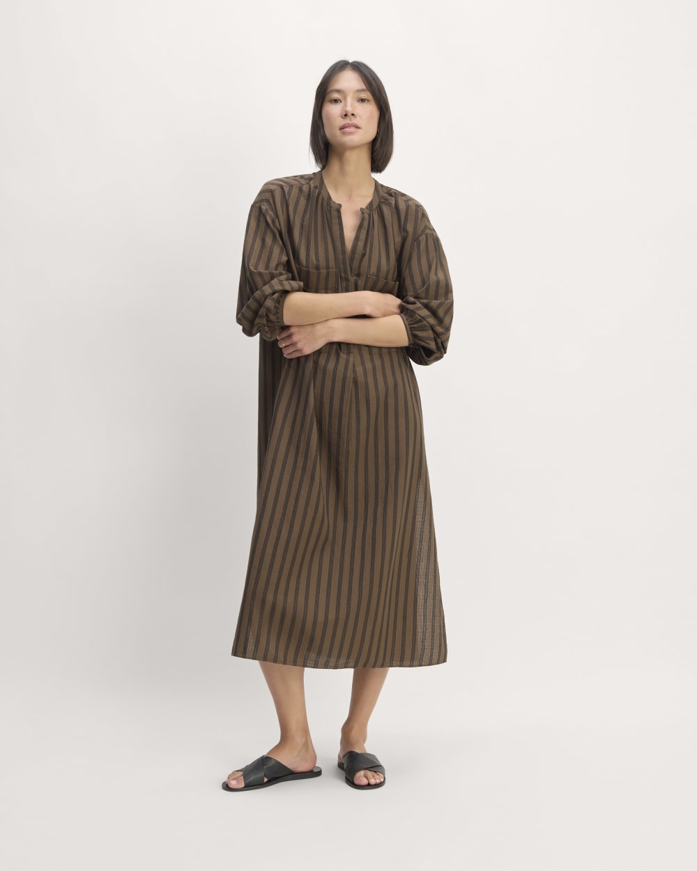The Gauze Caftan Dress in Cocoa / Black — front view