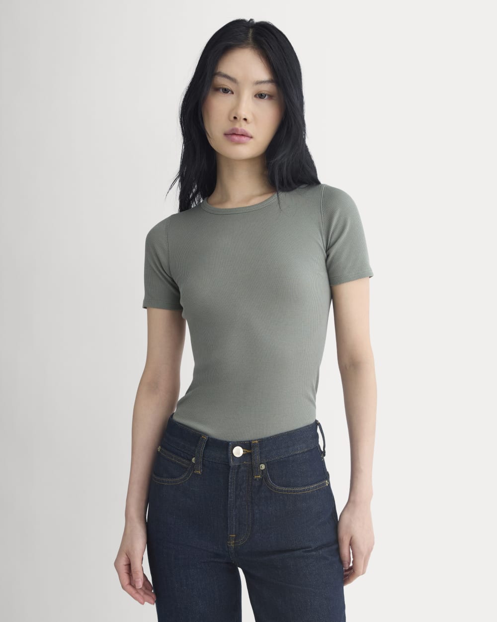 The Luxe Rib Crew in Agave Green — detail view