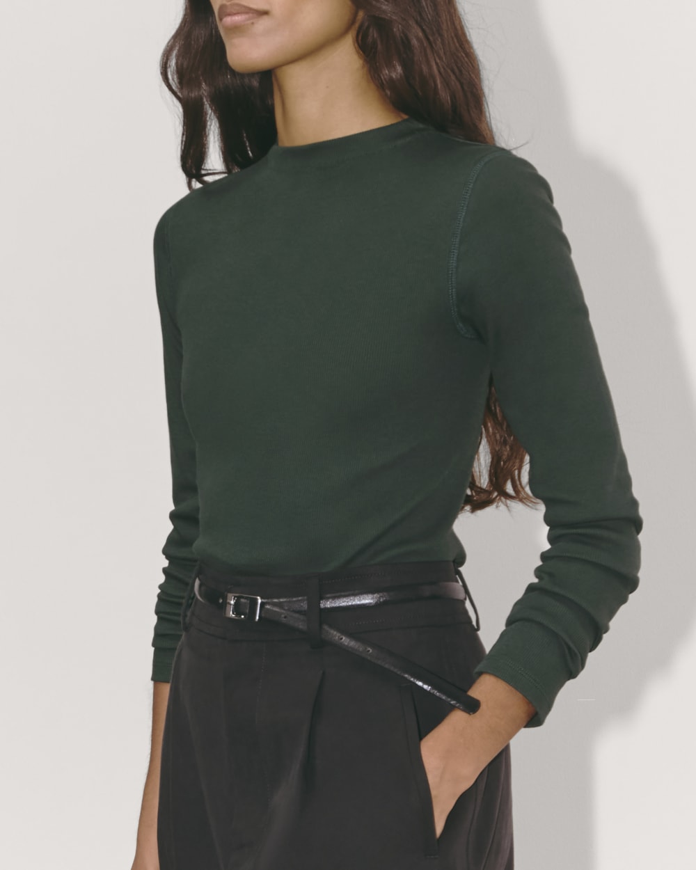 The Luxe Rib Funnel-Neck Tee in Scarab — detail view