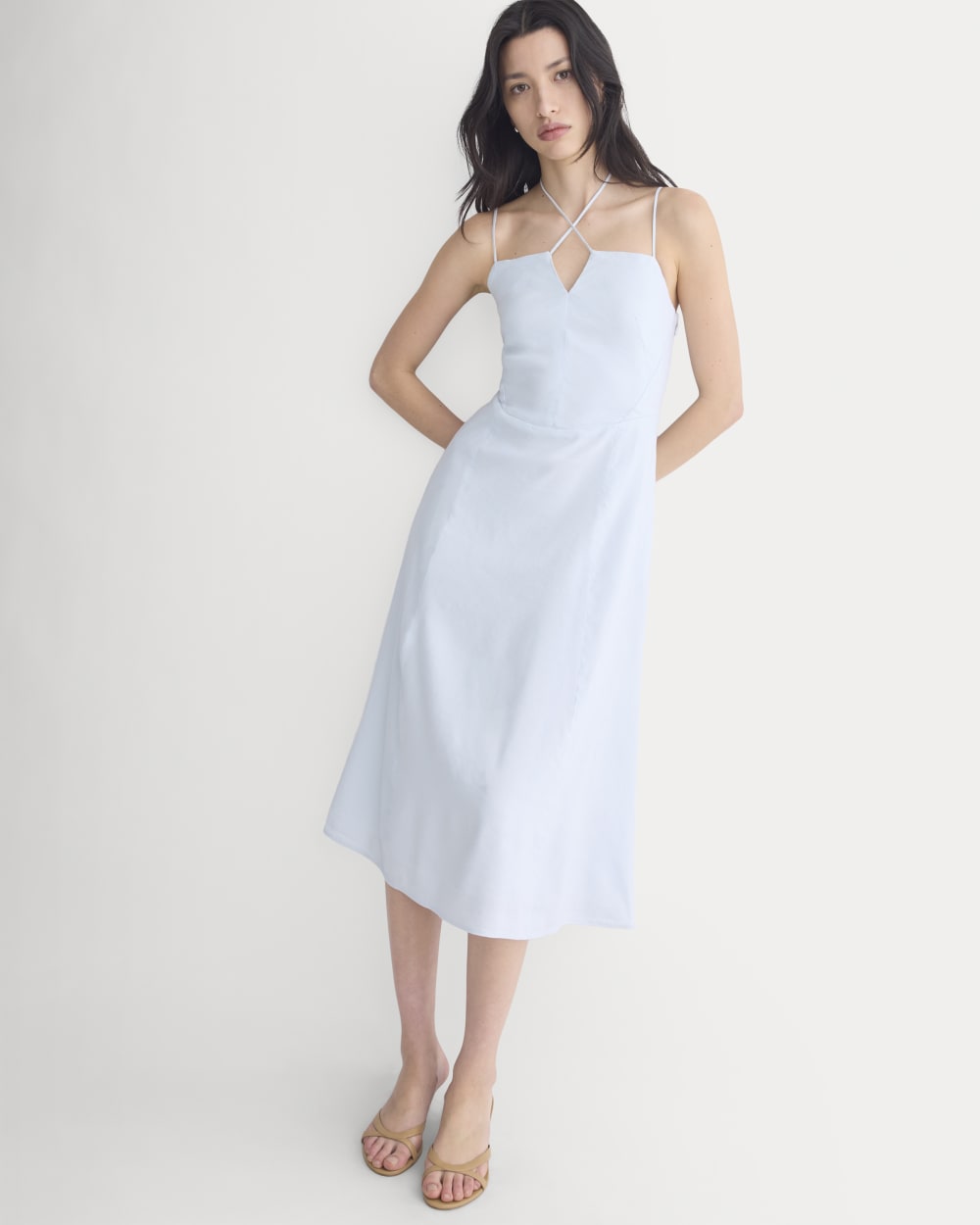 Tie-Neck Dress in Stretch Linen in Skywriting — detail view