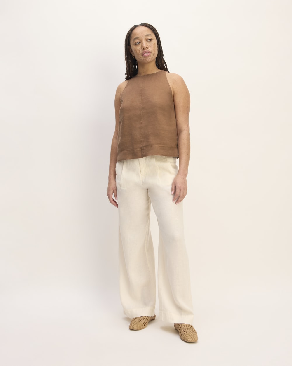 The Linen High-Neck Tank in Carob Brown — detail view